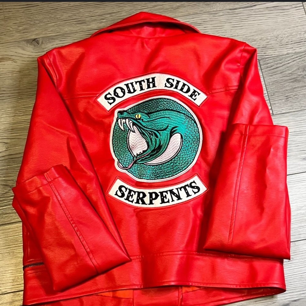 Red Faux Leather Jacket with Southside Serpent Patch